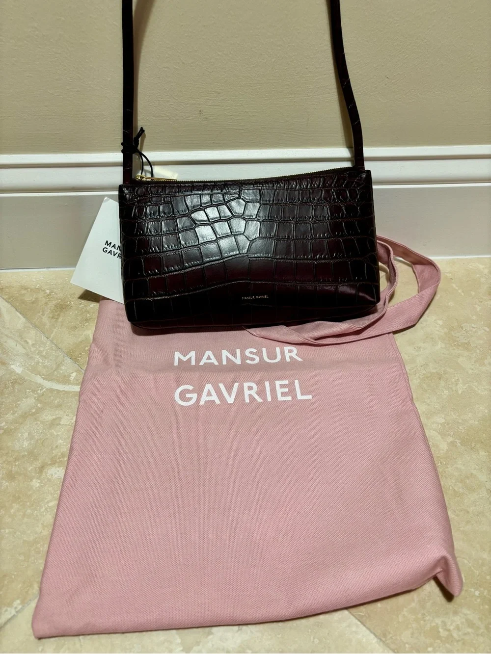 Mansur Gavriel Croc-Embossed Shoulder Bag in Dark Brown